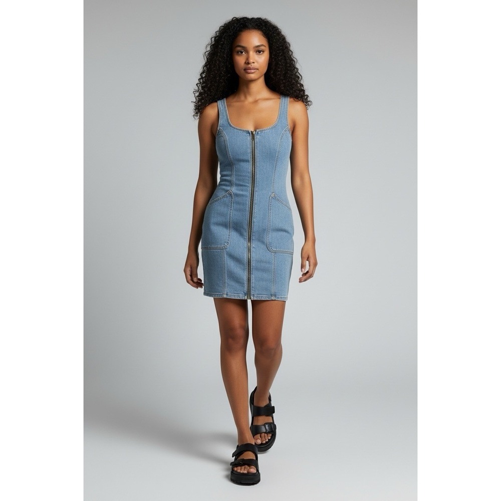 VTG Denim Jean Dress Overall Jumper Mini Pockets Festival Grunge Front Zip Large